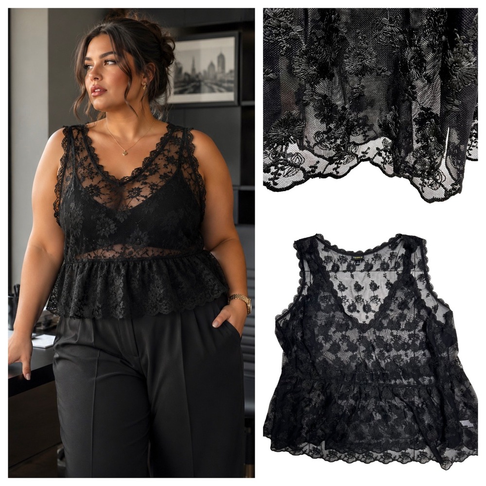 Torrid Black Floral Lace V-Neck Peplum Tank Top Sheer Embroidered Plus Size XXL